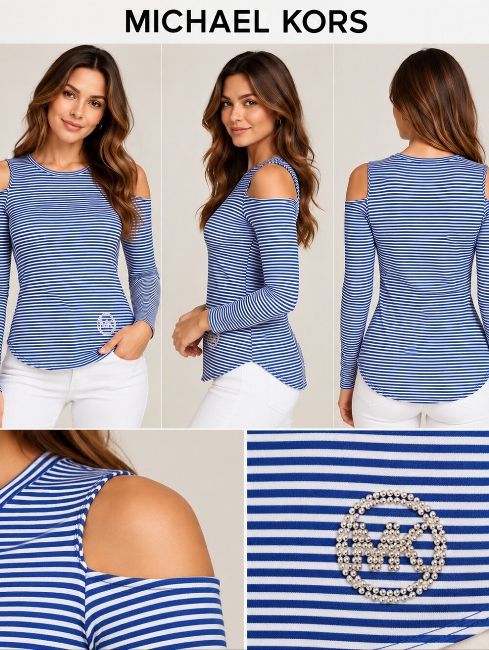 Michael Kors Blue and White Long Sleeve Cold Shoulder Shirt Size Small